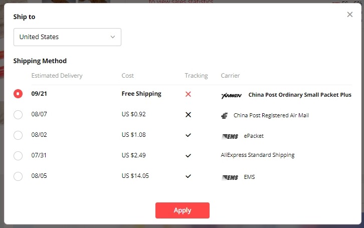 AliExpress Standard Shipping, China Post Registered Air Mail and China Post Ordinary Small Packet Plus